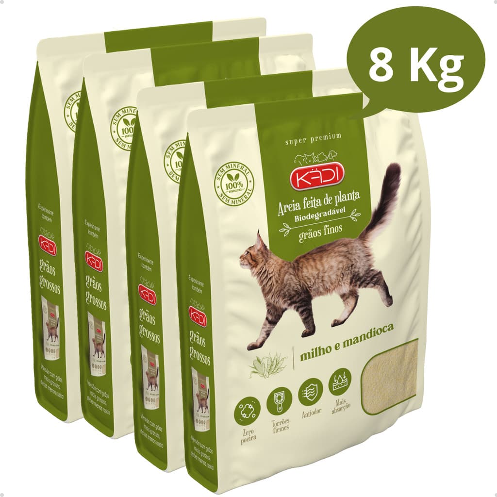Kit 4 Areia Sanitária Higiênica Natural Biodegradável Grãos Finos Milho e Mandioca Gatos Kadi 8 kg