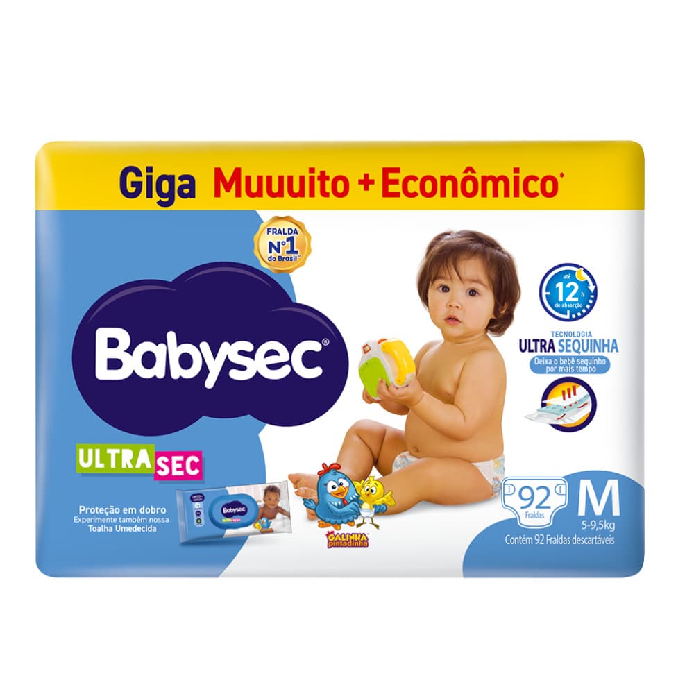 1 Pacote de Fralda BabySec Galinha Pintadinha Ultrasec M Giga – 92 Unidades