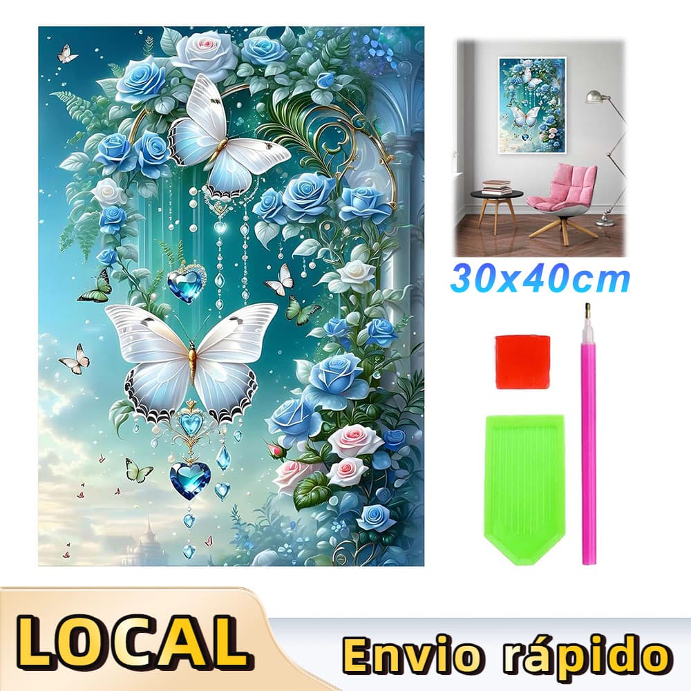 Pintura de Diamante 5D Tema Borboleta Azul Flor 40x30cm – Conjunto DIY, Adequado para Iniciantes e Amantes da Arte