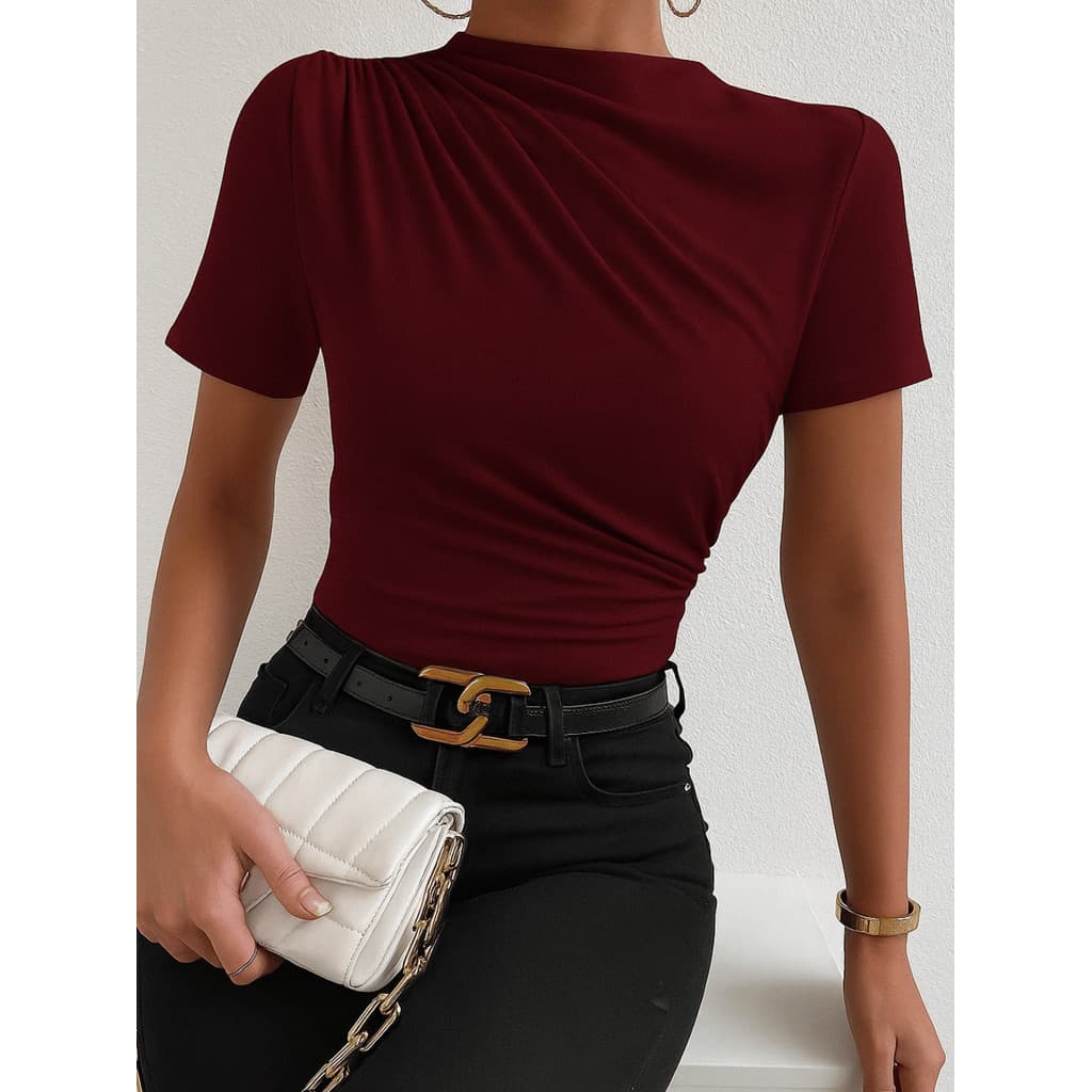 Blusa Feminina Slim Camisa Social Gola Alta Casual Verão Franzida Moda Elegante