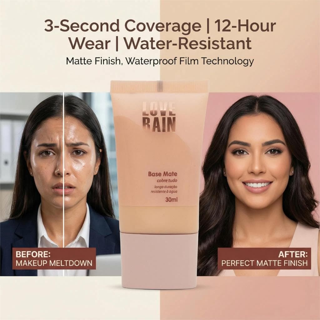 Base Líquida Love Rain – Cobertura Suave, Efeito Matte
