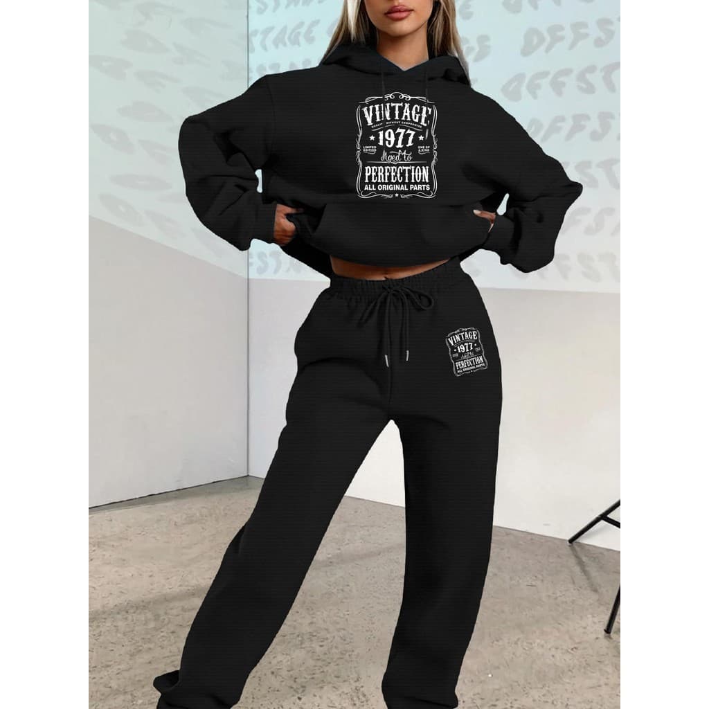 Novo para Outono/Inverno 2025, Conjunto de Terno Estampado Monograma Estilo Retrô, Conjunto de Moletom Frio de Manga