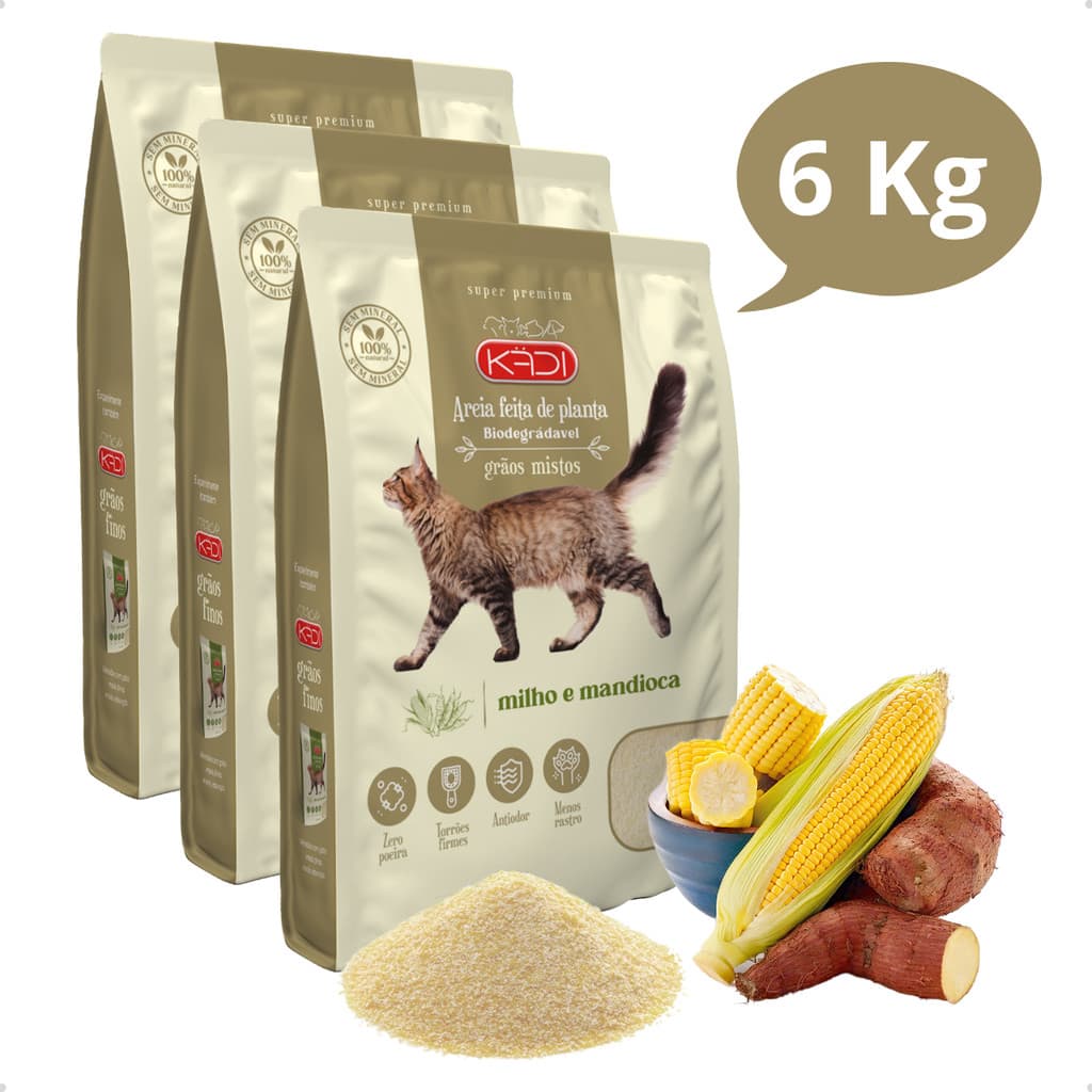 Kit 3 Areia Sanitária Higiênica Natural Biodegradável Grãos Mistos Milho e Mandioca Gatos Kadi 6 kg