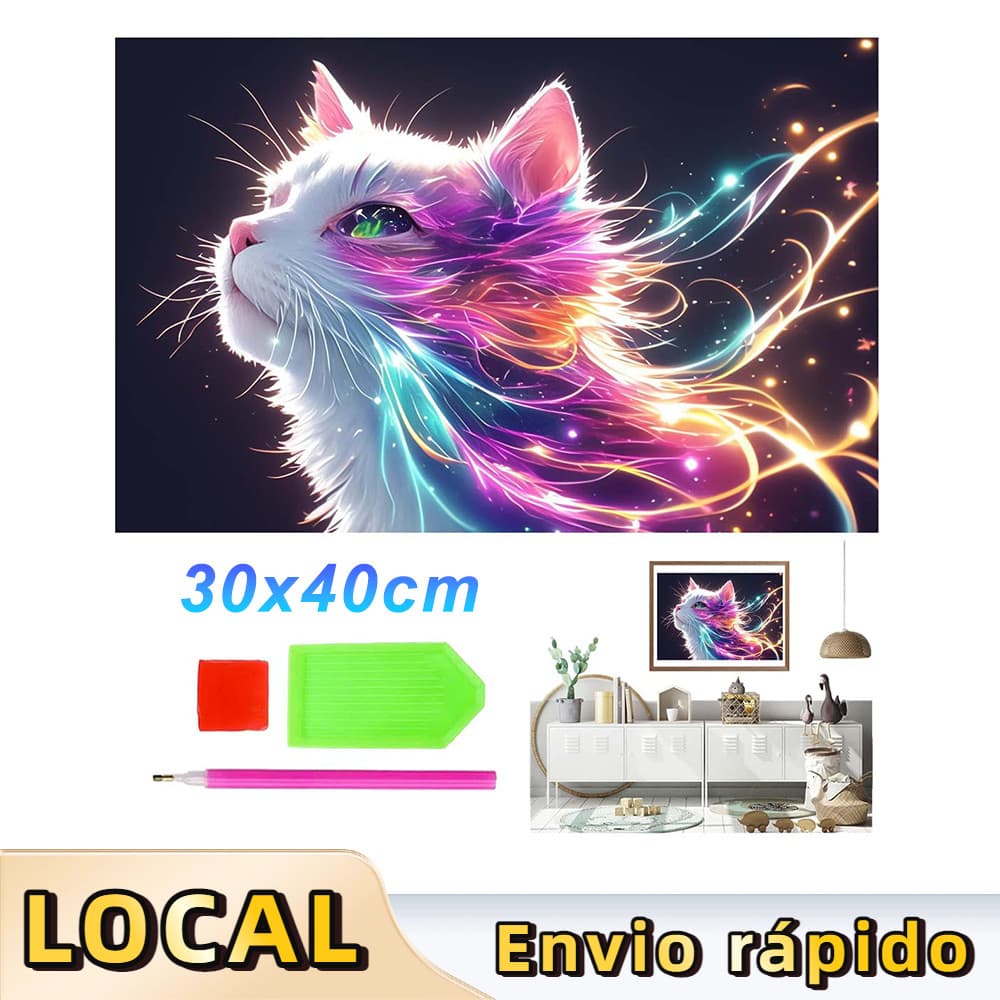Pintura de Diamante 5D Tema Gato Divino 40x30cm – Arte 5D Completa, Kits DIY para Presente e Decoração