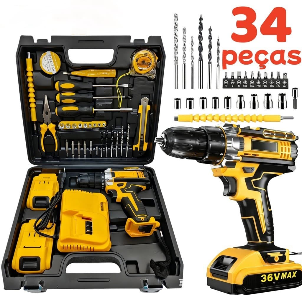 Parafusadeira Furadeira 36V 2 Bateria 3 funções de Elétrica Sem Fio Impacto Completo Acessórios