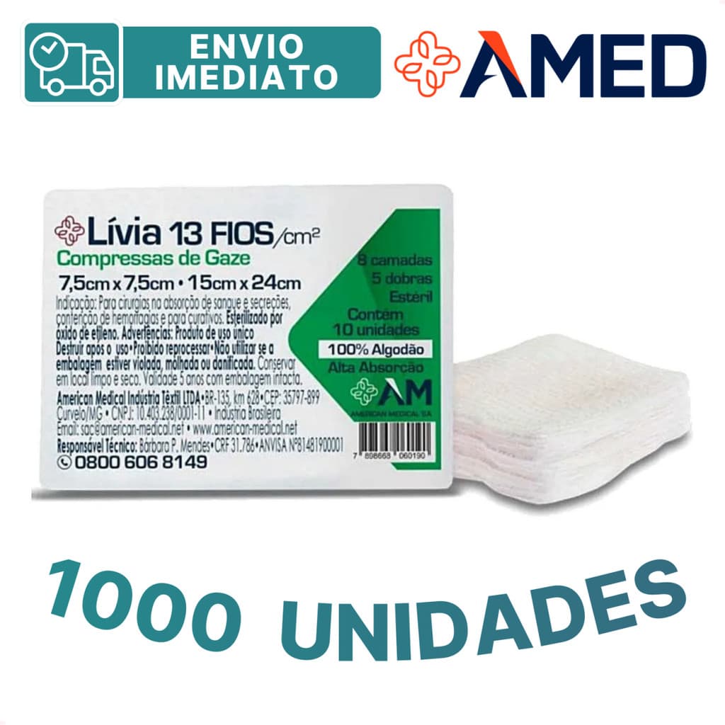 Kit com 1000 - Compressa de Gaze Esteril Lívia Hidrófila 13 Fios 7,5x7,5cm - Envio Imediato