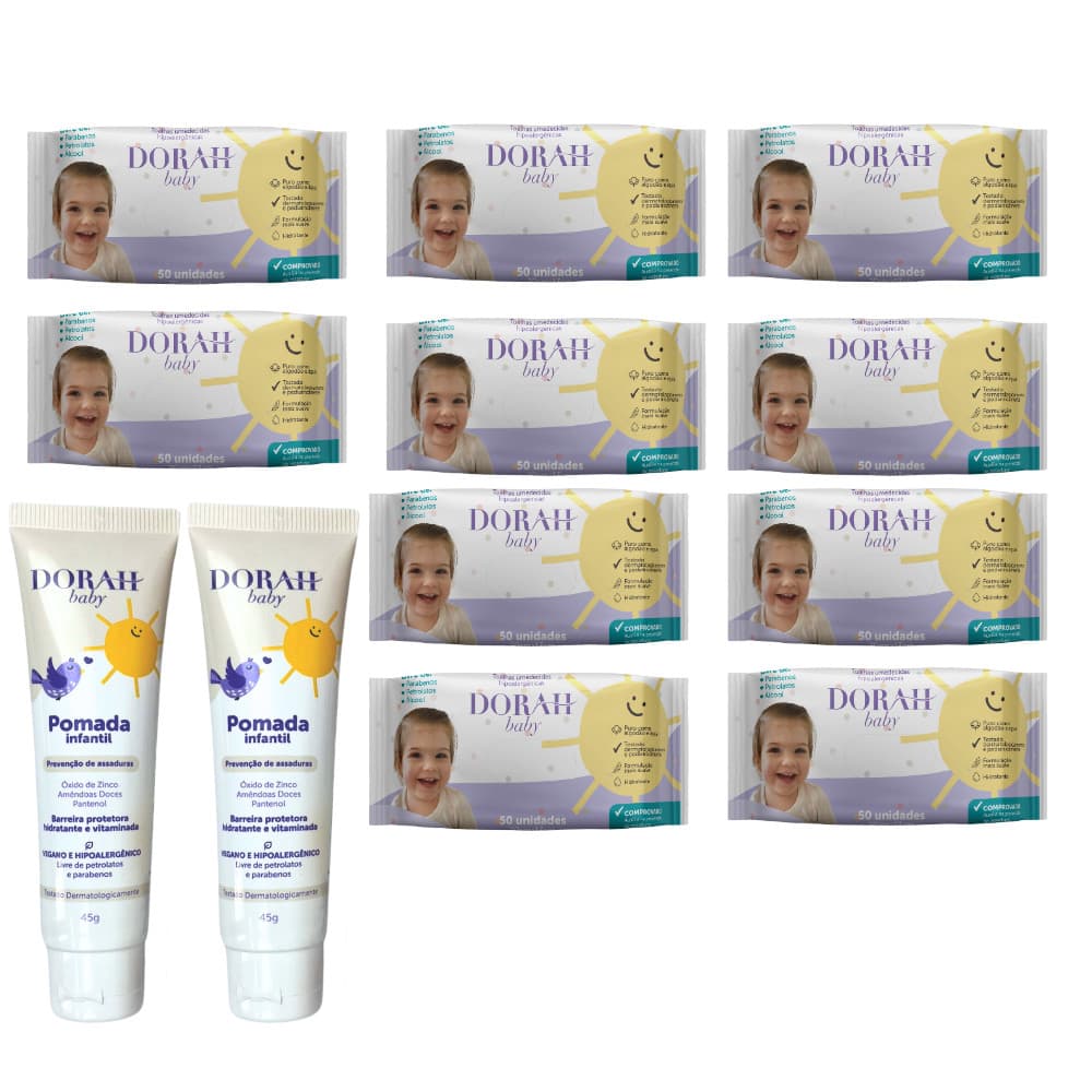 10 Pacotes Toalhas Umedecidas 50un + 2 Pomadas 45g Dorah Baby