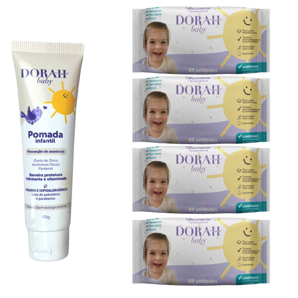 4x Toalhas Umedecidas Dorah Baby 50 Folhas + Pomada 45g Hipoalergênica - Cuidado completo do bebê