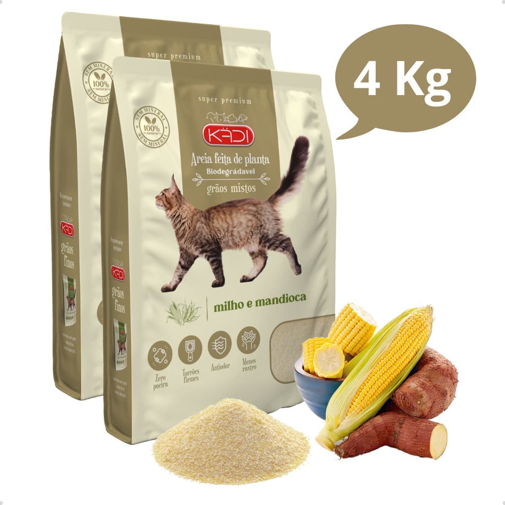 Kit 2 Areia Sanitária Higiênica Natural Biodegradável Grãos Mistos Milho e Mandioca Gatos Kadi 4 kg