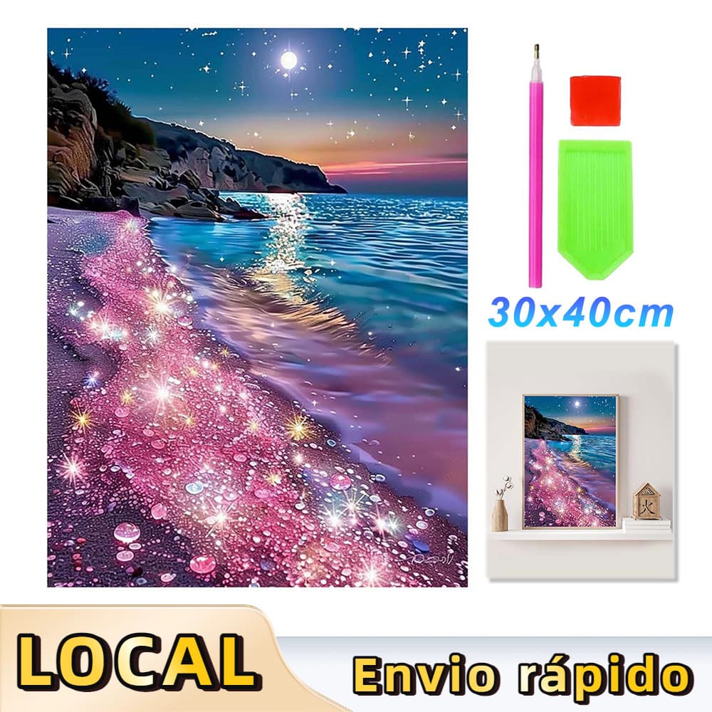 Pintura de Diamante 5D Tema Praia Rosa 40x30cm – Conjunto DIY, para Amantes da Arte, Decoração de Casa