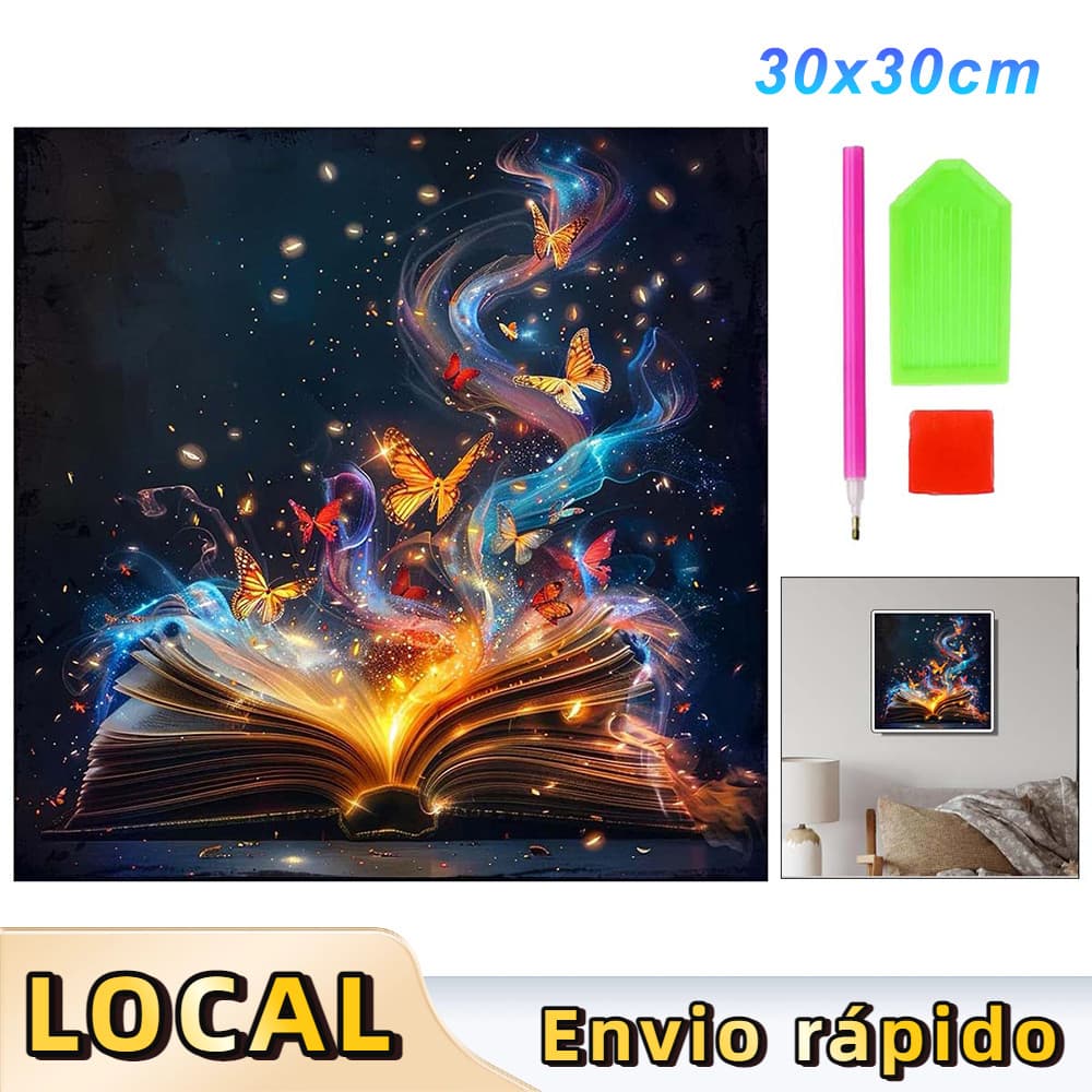 Pintura de Diamante 5D Tema Livro Mágico 30x30cm – Conjunto Completo com Ferramentas, Inclui Tela, Caneta,Bandeja e Cola
