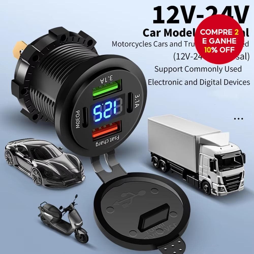 Carregador veicular USB rápido de 48W com quatro portas, dual PD e dual QC3.0, com display digital, Voltimetro