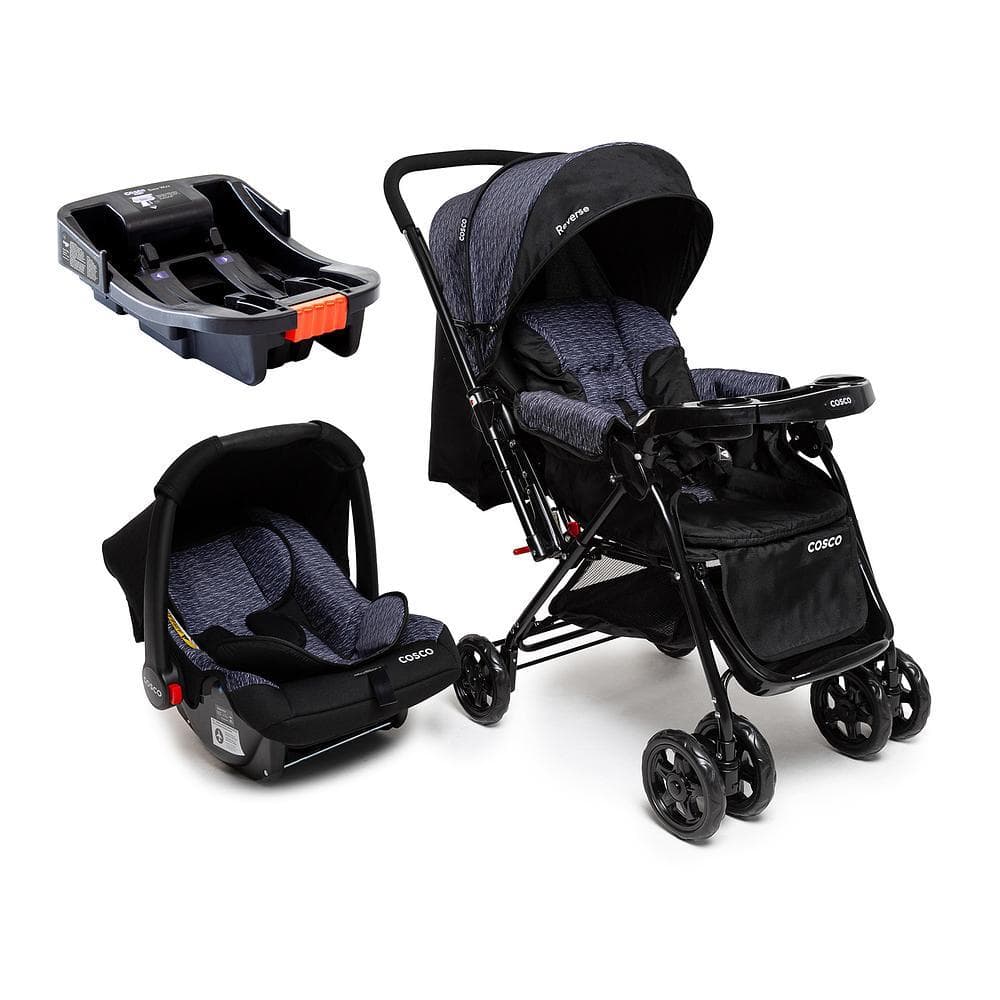 Carrinho Com Bebê Conforto e Base Cosco Kids Travel System Trio Reverse Alça Reversível Preto Rajado