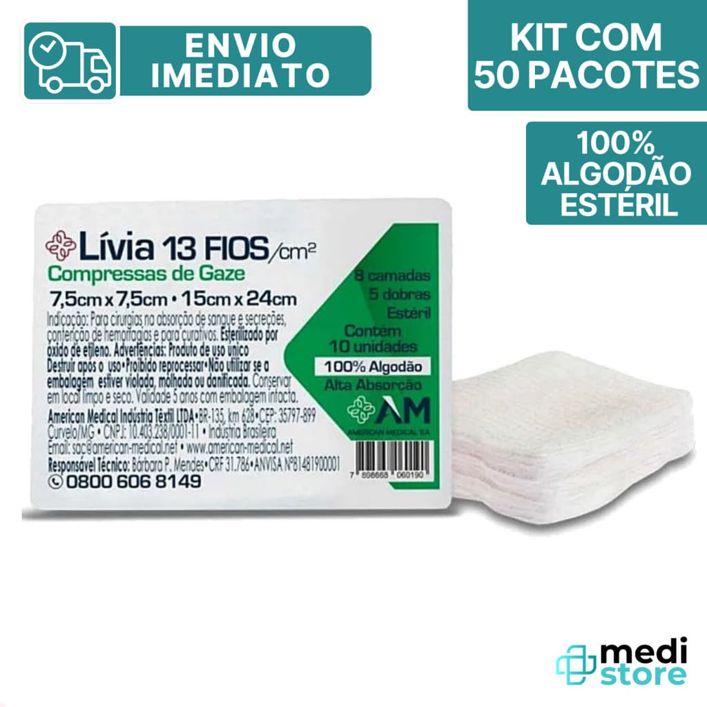Kit com 500 - Compressa de Gaze Esteril Lívia Hidrófila 13 Fios - 7,5x7,5cm - 15x24cm - Envio Imediato