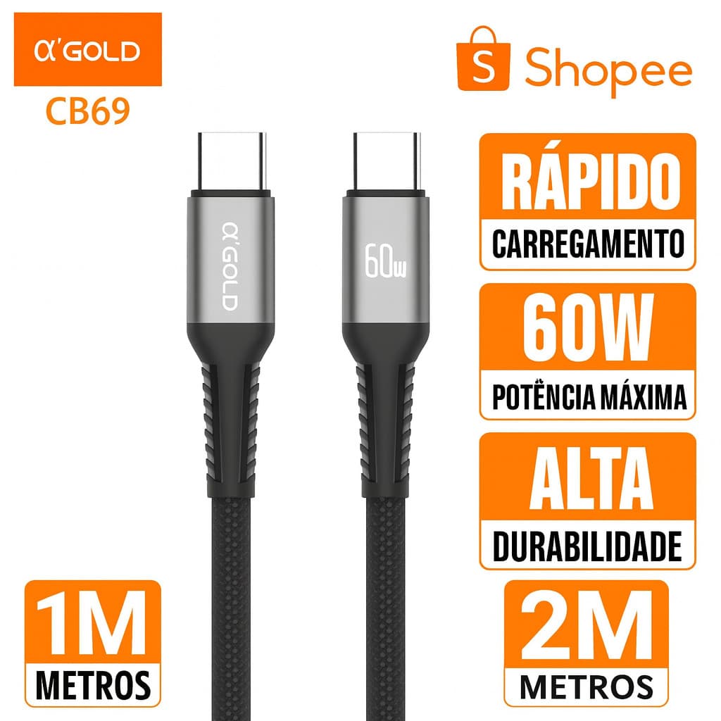Cabo Carregador USB-C + Tipo-C Turbo 60W 1M/2M A'GOLD Nailon Carga Rapida Resistente