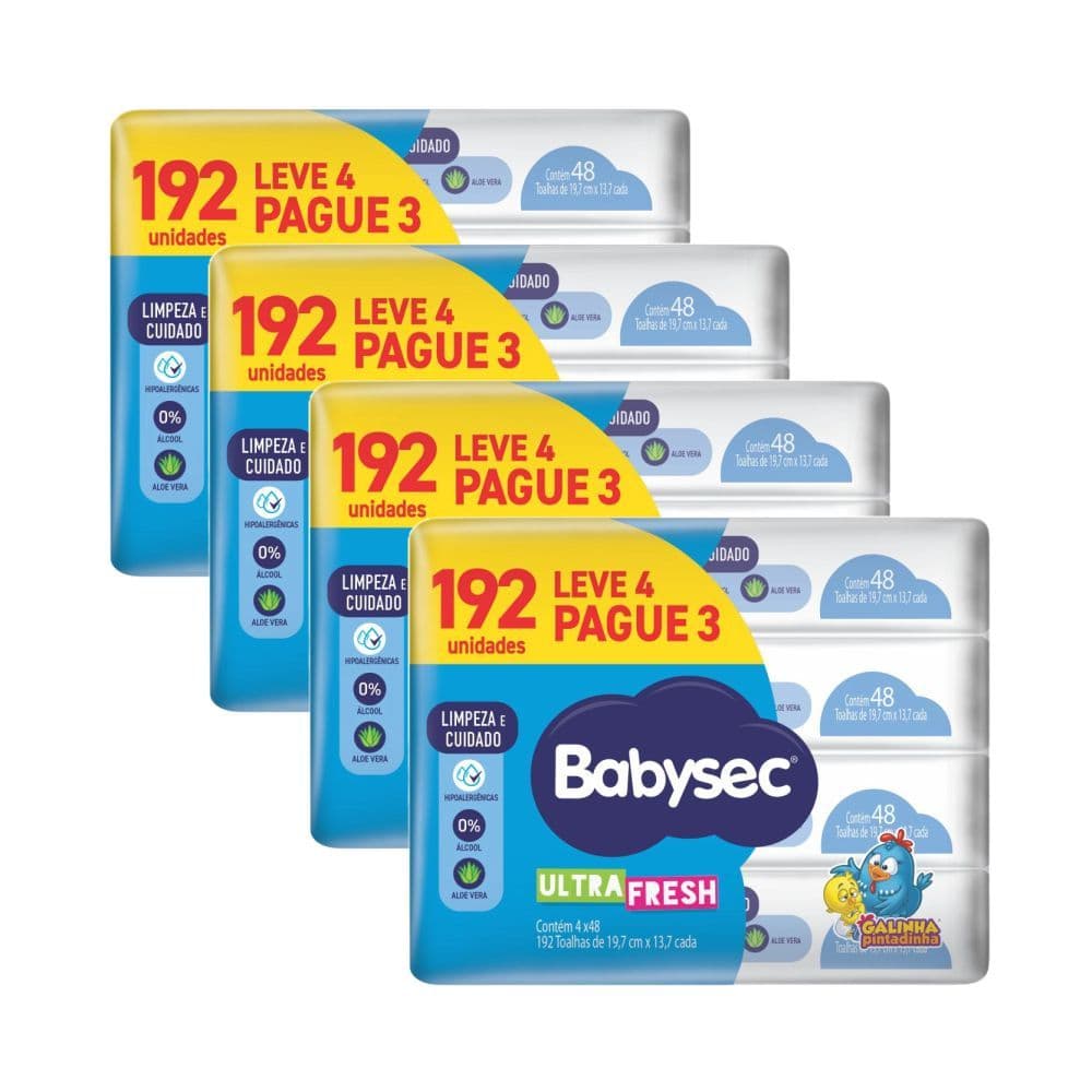 Combo 4x Pack 4 Pacotes de BabySec Toalhas Umedecidas 48 Folhas