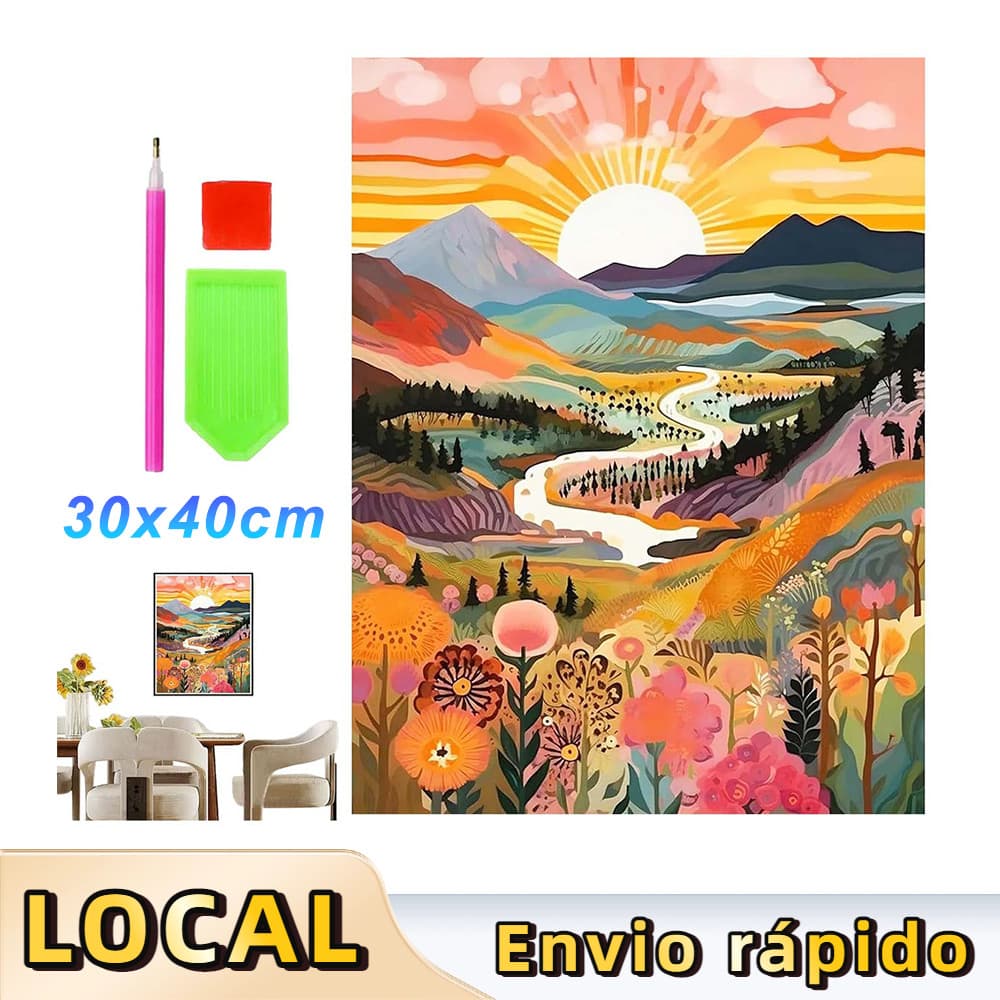 Pintura de Diamante 5D Tema Paisagem ao Pôr do Sol 40x30cm – Broca Completa, Arte Terapêutica, Decoração de Parede