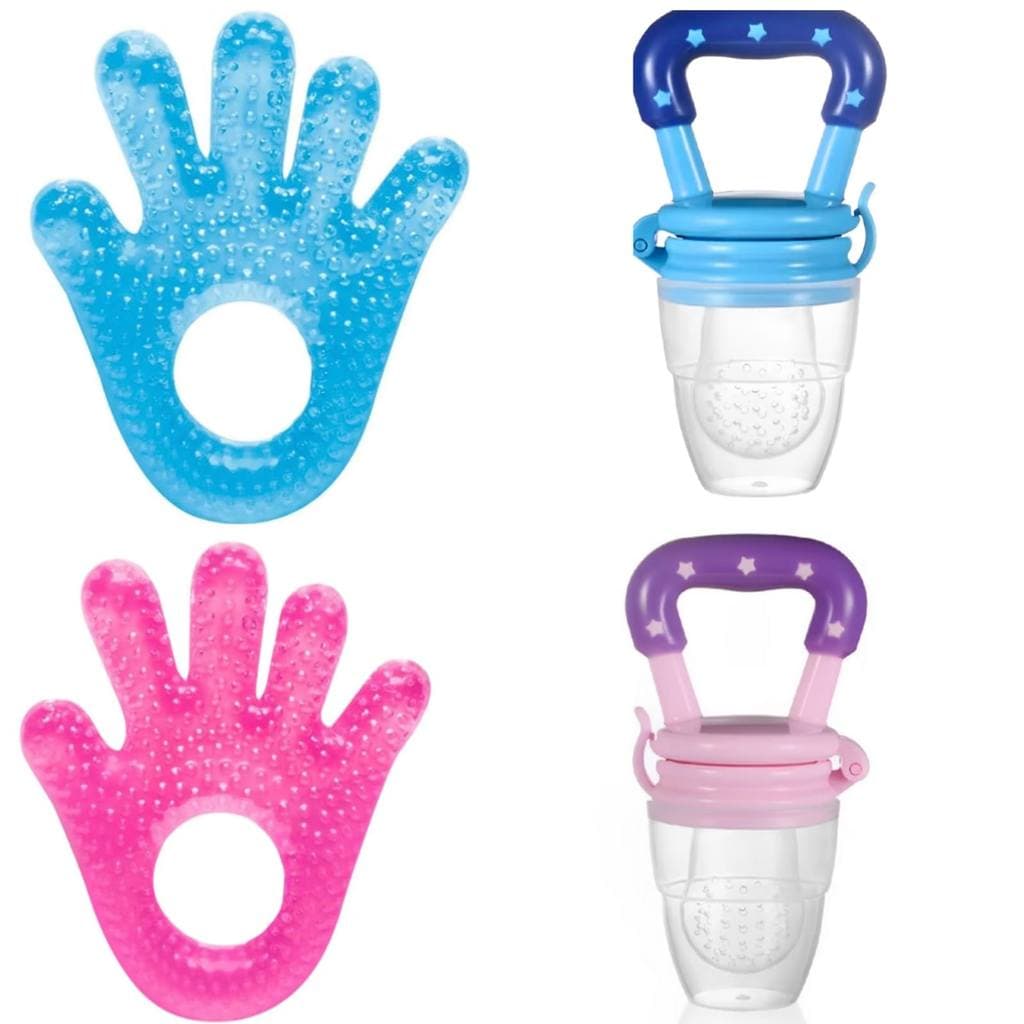 Kit Bebê Chupeta De Alimentação De Silicone + Mordedor  Mãozinha Com Água Gel Massageador Gengivas Alivia Dor Macio