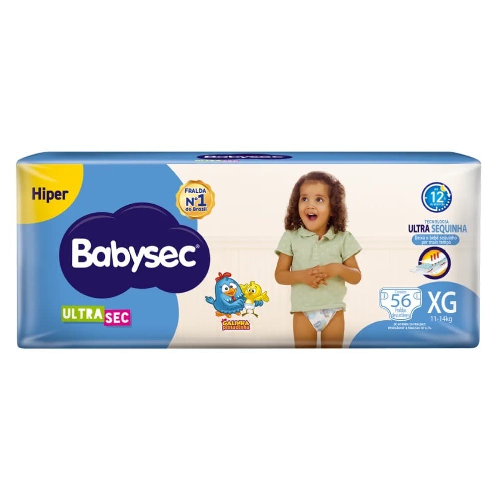 1 Pacote de Fralda BabySec Ultrasec Hiper XG com 56 Fraldas Galinha Pintadinha Econômica