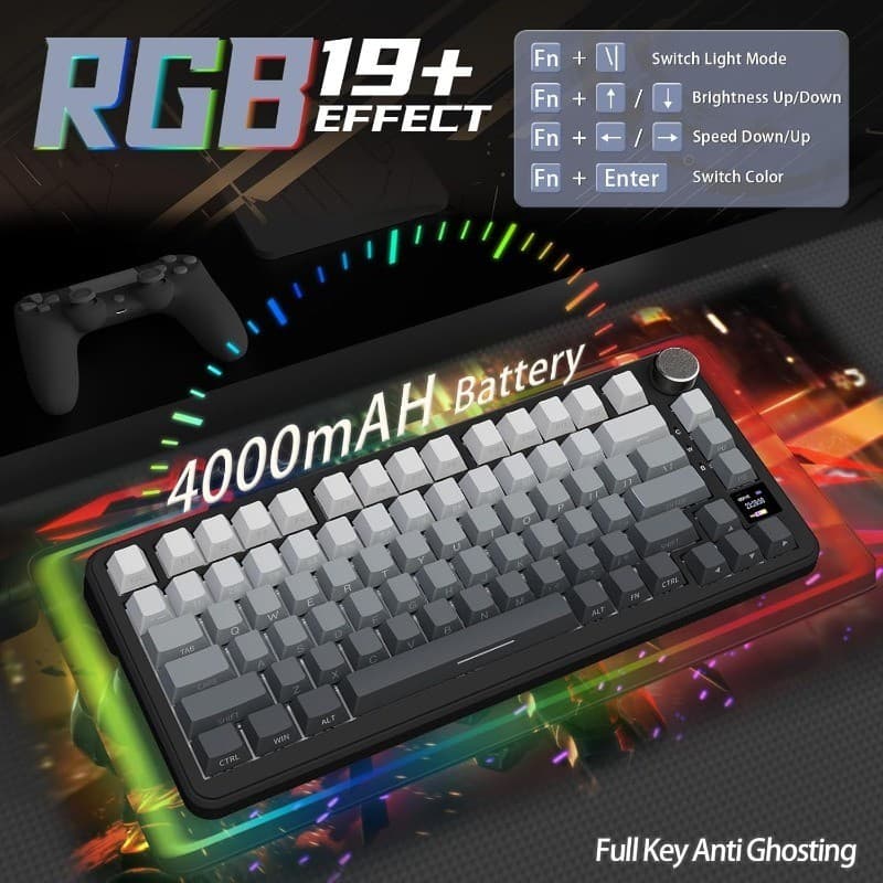 Teclado de Jogos ATTACK SHARK X85Pro Sem Fio com Tela/Botões Meta RGB Teclado Mecânico Substituível para Jogos