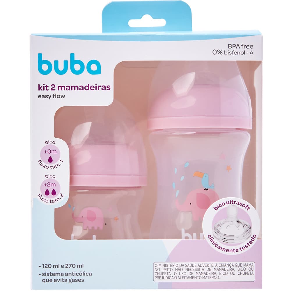 Kit 2 Mamadeiras Anticólica Easy Flow Elefante Rosa 120ml e 270ml Buba