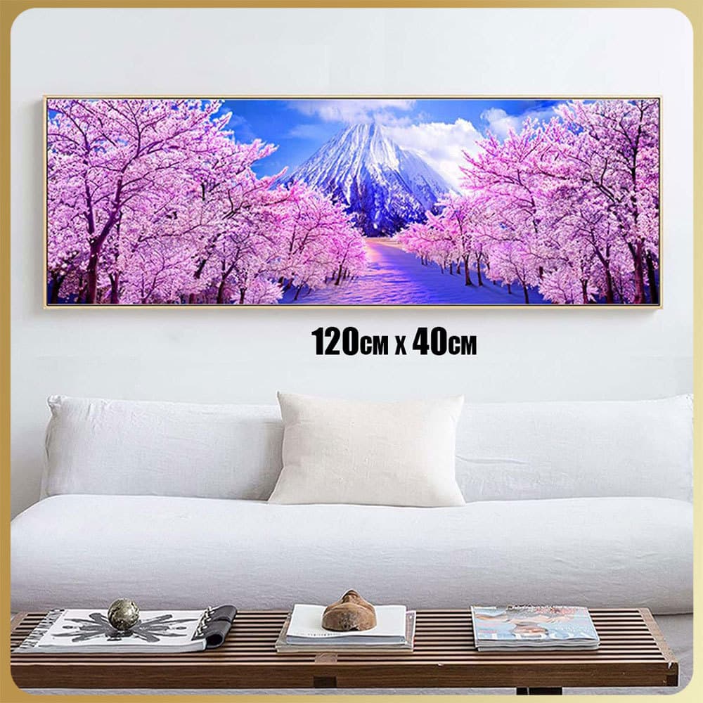 Pintura com diamantes redondos 5D DIY, presente para decoração de parede doméstica, Montanha Flores de Cerejeira, 120x40