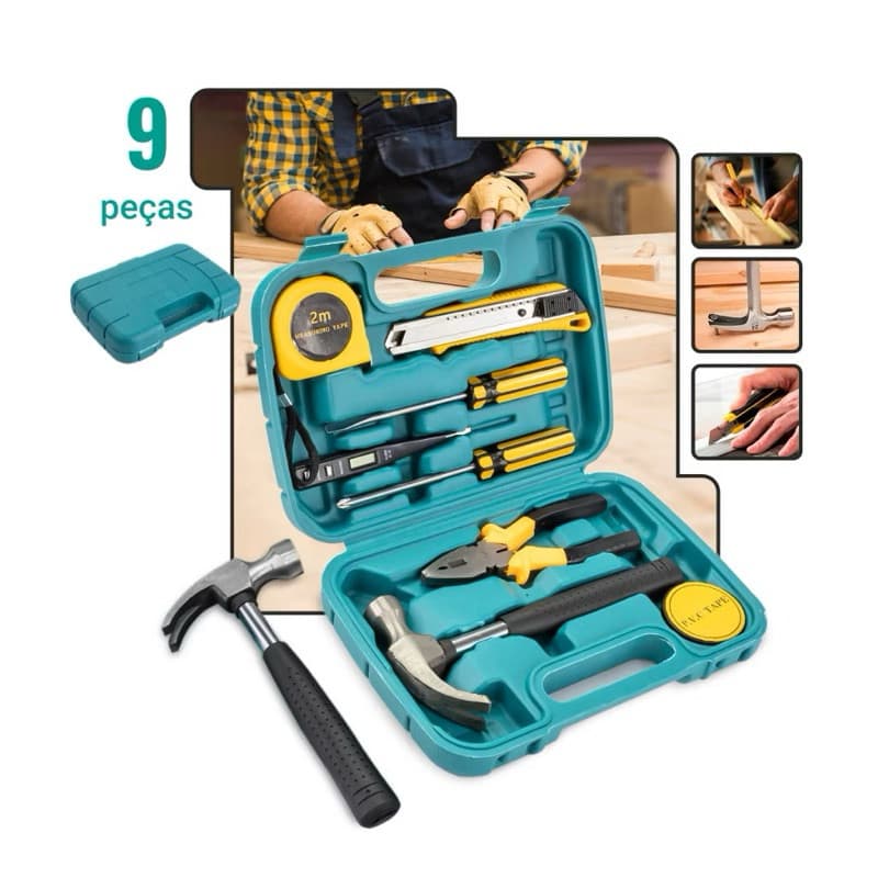Kit de Ferramentas 9 Peças com Maleta – Martelo, Alicate, Chaves, Estilete e Trena ME5002