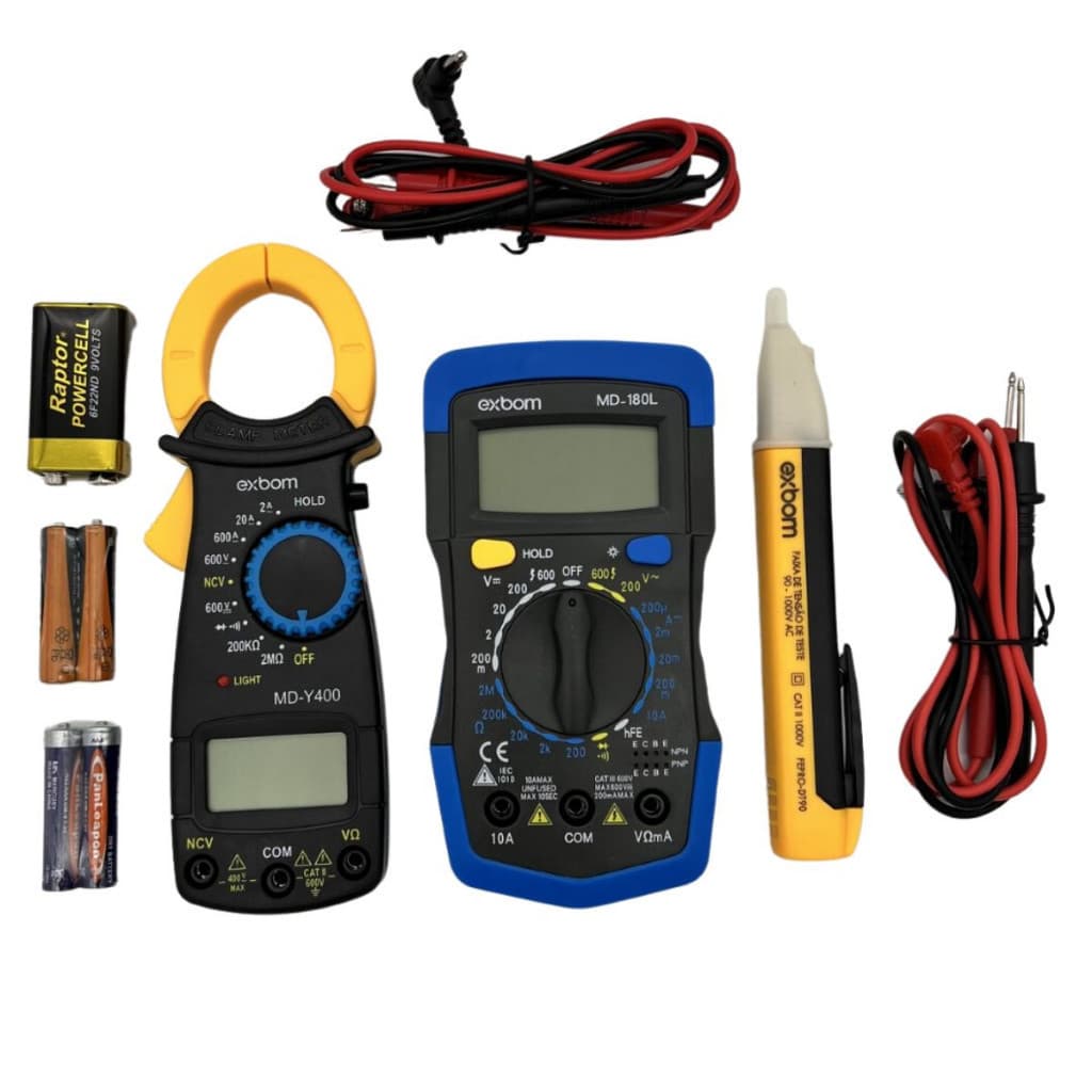Kit Multímetro Digital Profissional Tela LCD Iluminada + Alicate Amperímetro + Caneta Detectora De Energia Pont Plástico