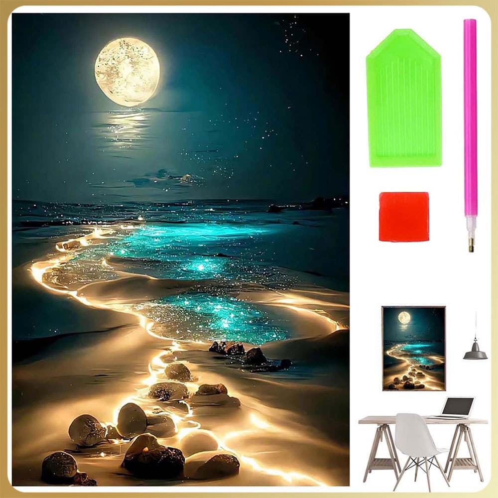 Kit de Pintura com Diamantes Redondos 5D, Arte DIY Feita à Mão, Praia ao luar, 40x30cm