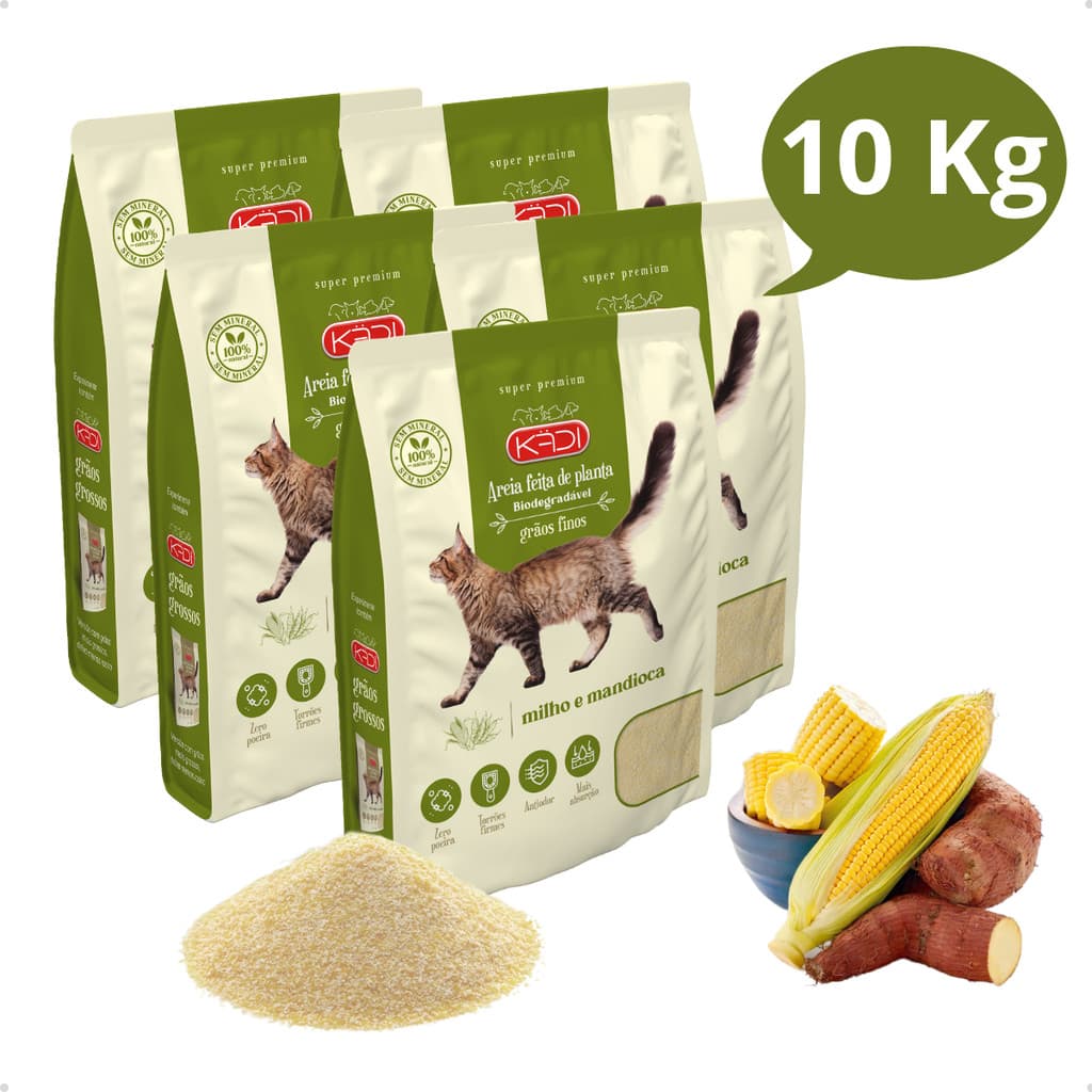 Kit 5 Areia Sanitária Higiênica Natural Biodegradável Grãos Finos Milho e Mandioca Gatos Kadi 10 kg