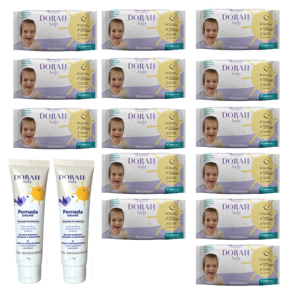 14x Toalhas Umedecidas Dorah Baby 50un + 2 Pomadas 45g Hipoalergênicas- Cuidado completo do bebê