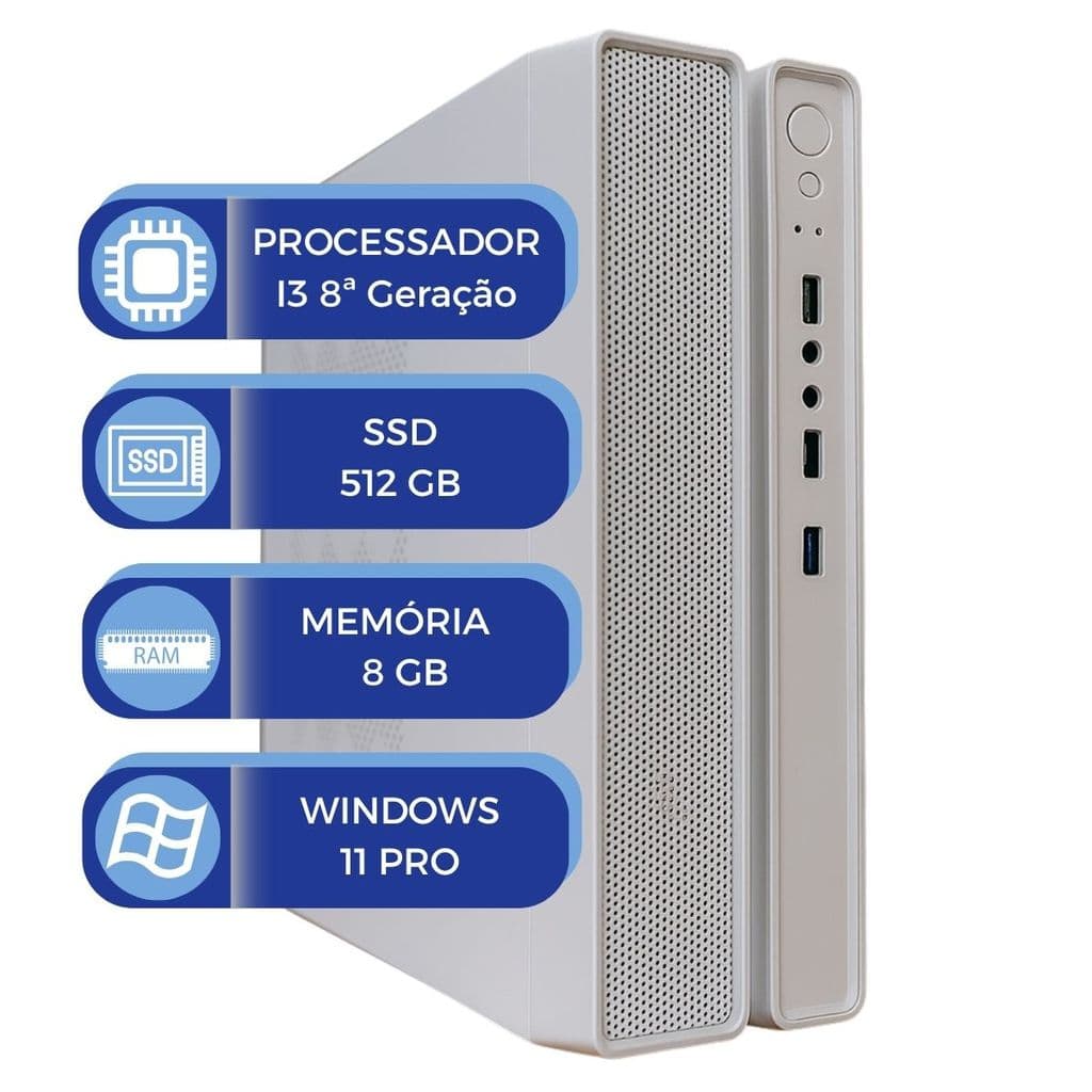 Computador MultiPC Slim Branco i3 8ª Geração 8GB RAM SSD 512GB Windows 11 Desempenho no Dia a Dia