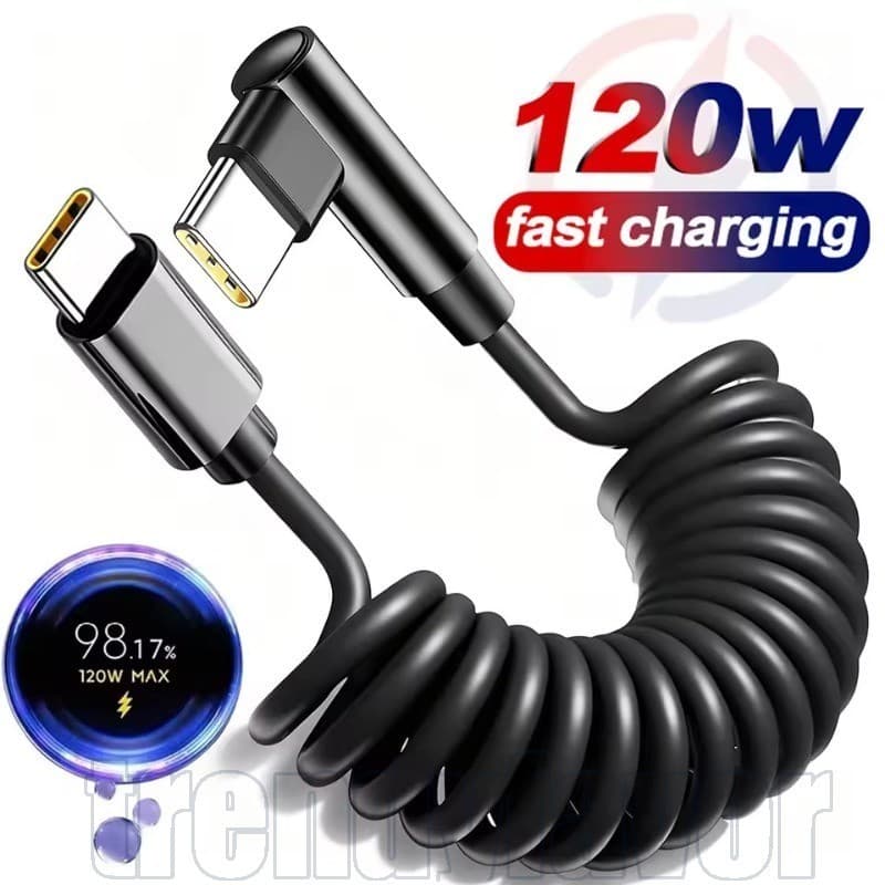 Cabo De Dados De Cotovelo Telescópico De Mola Dupla Tipo C De 120 W-Linha De Carregamento Rápido-USB-1/1.8M-Esticável , 