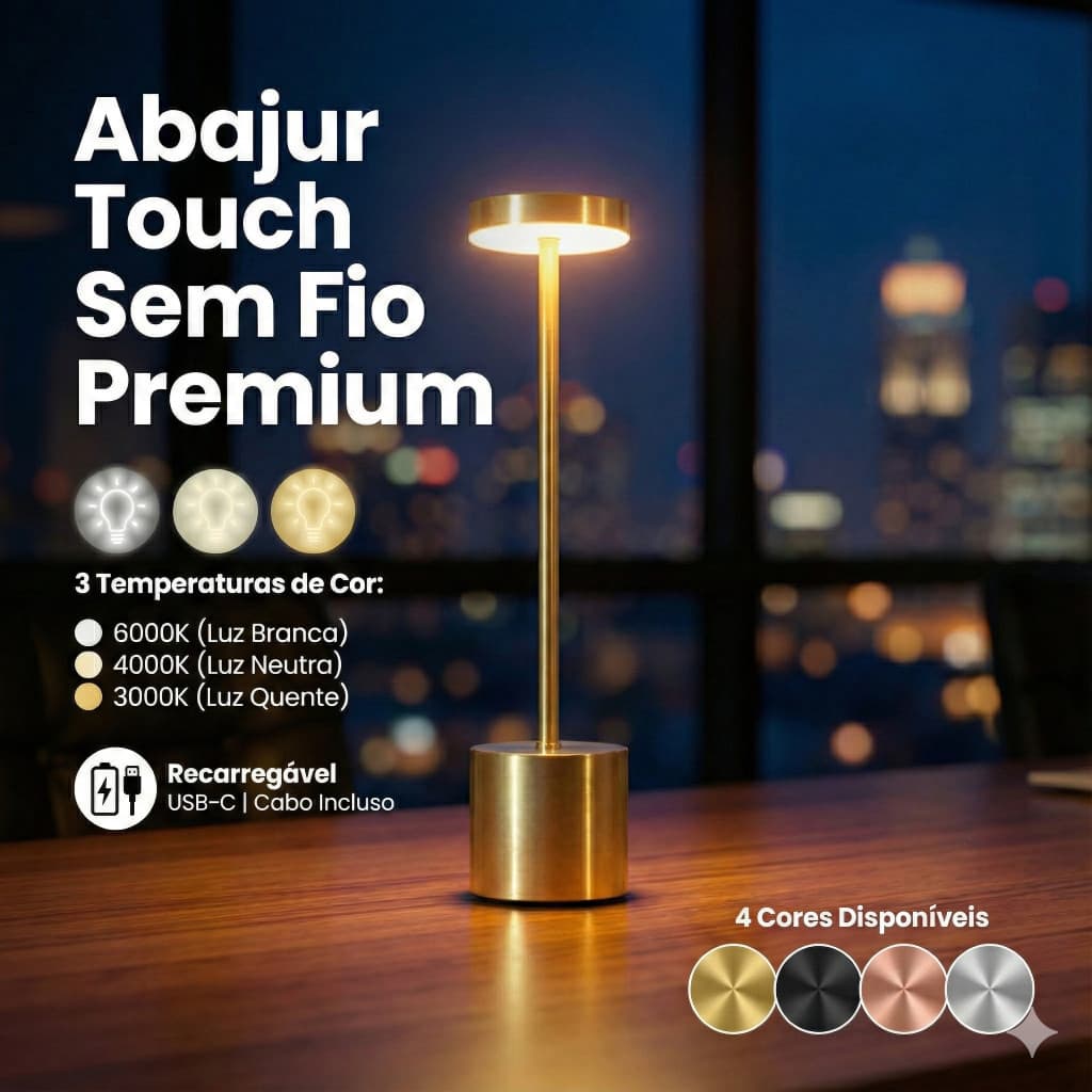 Luminária de Mesa LED 3 Tons Recarregável Luxuosa Abajur Cabeceira Escrivaninha Quarto Candeeiro