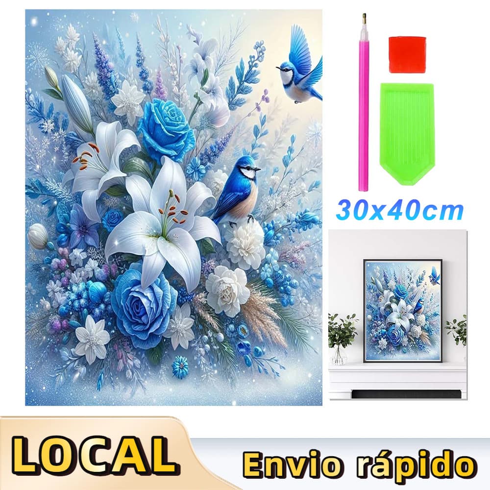 Pintura de Diamante 5D Tema Flor Azul e Pássaro Azul 40x30cm – Superfície Grande, Descompressão, Presente Criativo