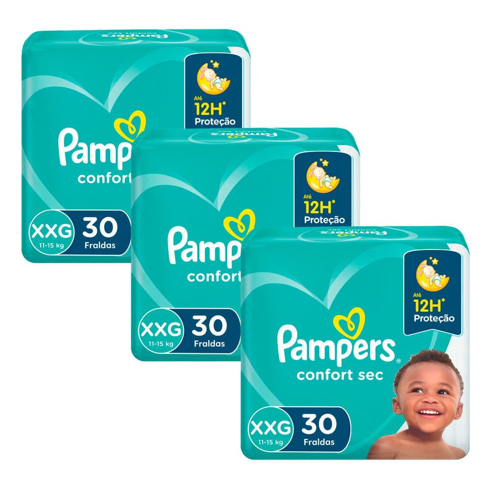 Kit 3 Fralda Pampers Confort Sec Tamanho XXG Pacote Mega com 30 Fraldas Descartáveis