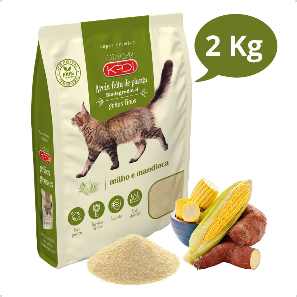 Areia Sanitária Higiênica Natural Biodegradável Grãos Finos Milho e Mandioca para Gatos Kadi 2 kg