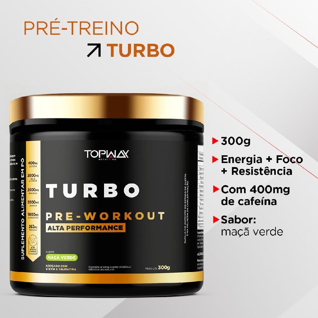Suplemento em pó pré treino turbo topway 300g sabor maçã verde com taurina