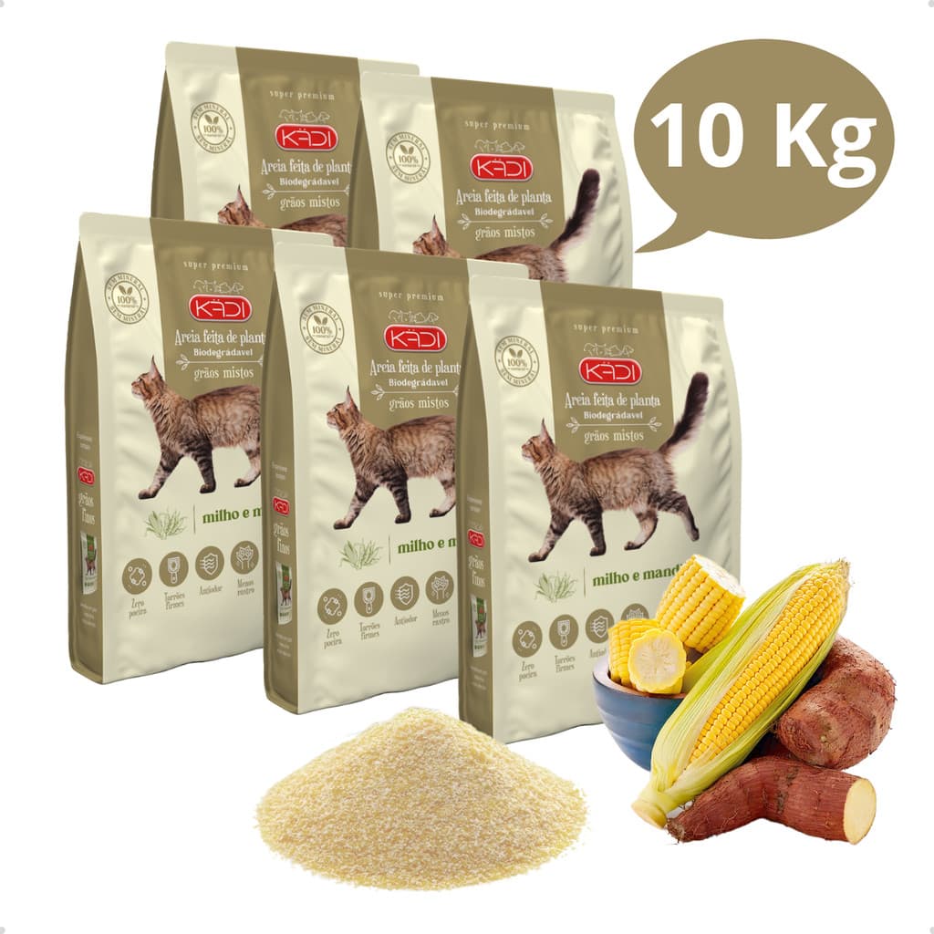 Kit 5 Areia Sanitária Higiênica Natural Biodegradável Grãos Mistos Milho e Mandioca Gatos Kadi 10 kg