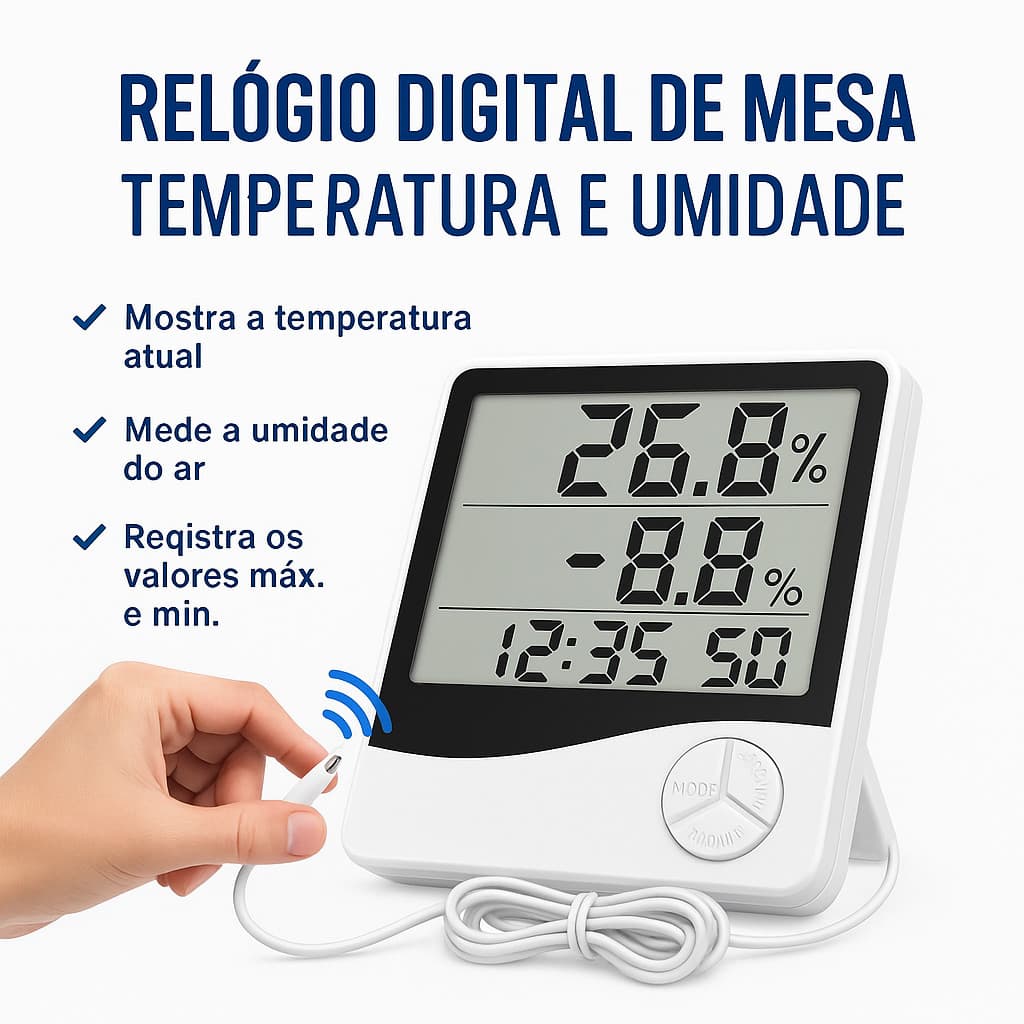 Medidor Digital de Temperatura e Umidade Termo Higrômetro com Máx/Mín Relógio e Alarme