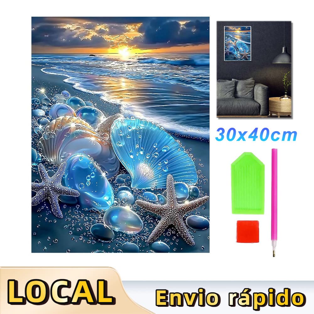 Pintura de Diamante 5D Tema Praia 40x30cm – Adequado para Iniciantes e Amantes da Arte, Shell Beach Theme