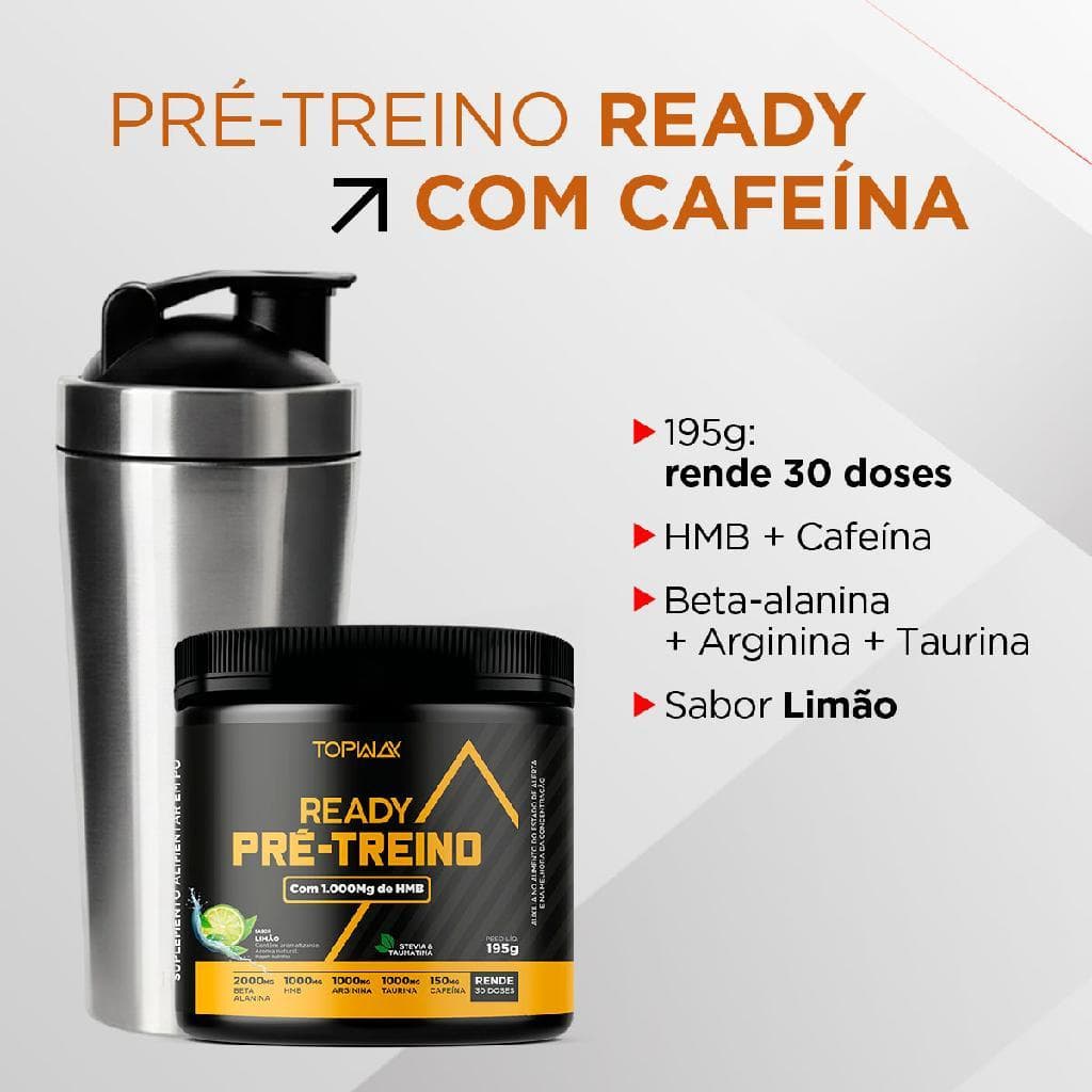 Pré treino ready com HMB e cafeína 195g topway suplemento em pó sabor limão