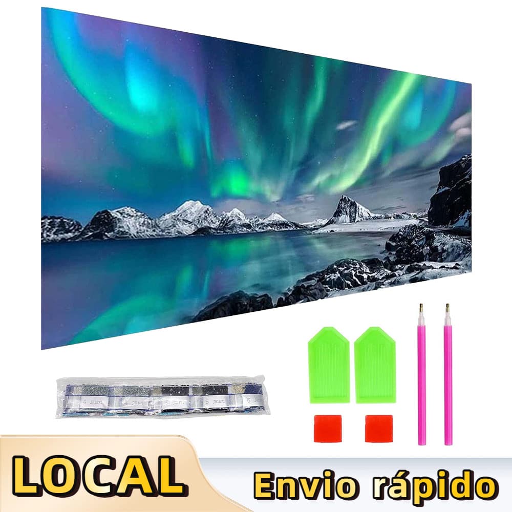 Arte Diamante 5D 70x40cm Islândia Aurora - Pintura para Iniciantes, Decoração Parede, Presente Adultos