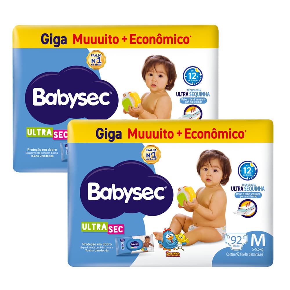 Kit 2x Fraldas BabySec Ultrasec Giga M Galinha Pintadinha – 92 Unidades cada- Conforto e Alta Absorção