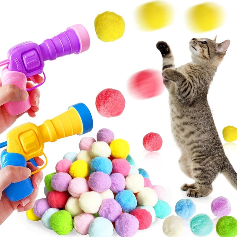 Lançador de Bolinhas para Gatos Brinquedo Interativo Pistola com Pompons Pet Gatinhos Diversão Exercício