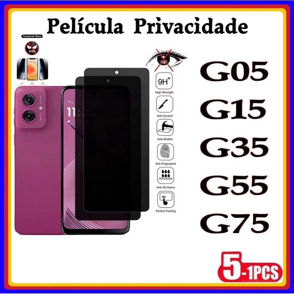 Película de Privacidade 3D Vidro Temperado Anti Spy pra MOTO G05 G15 G35 G55 G75