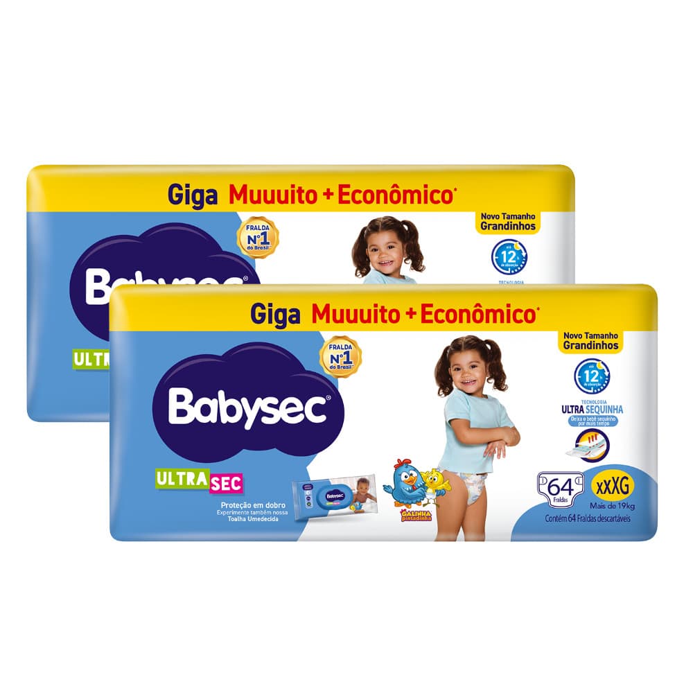 2 Pacotes Fralda BabySec Giga XXXG Ultrasec 64un Galinha Pintadinha