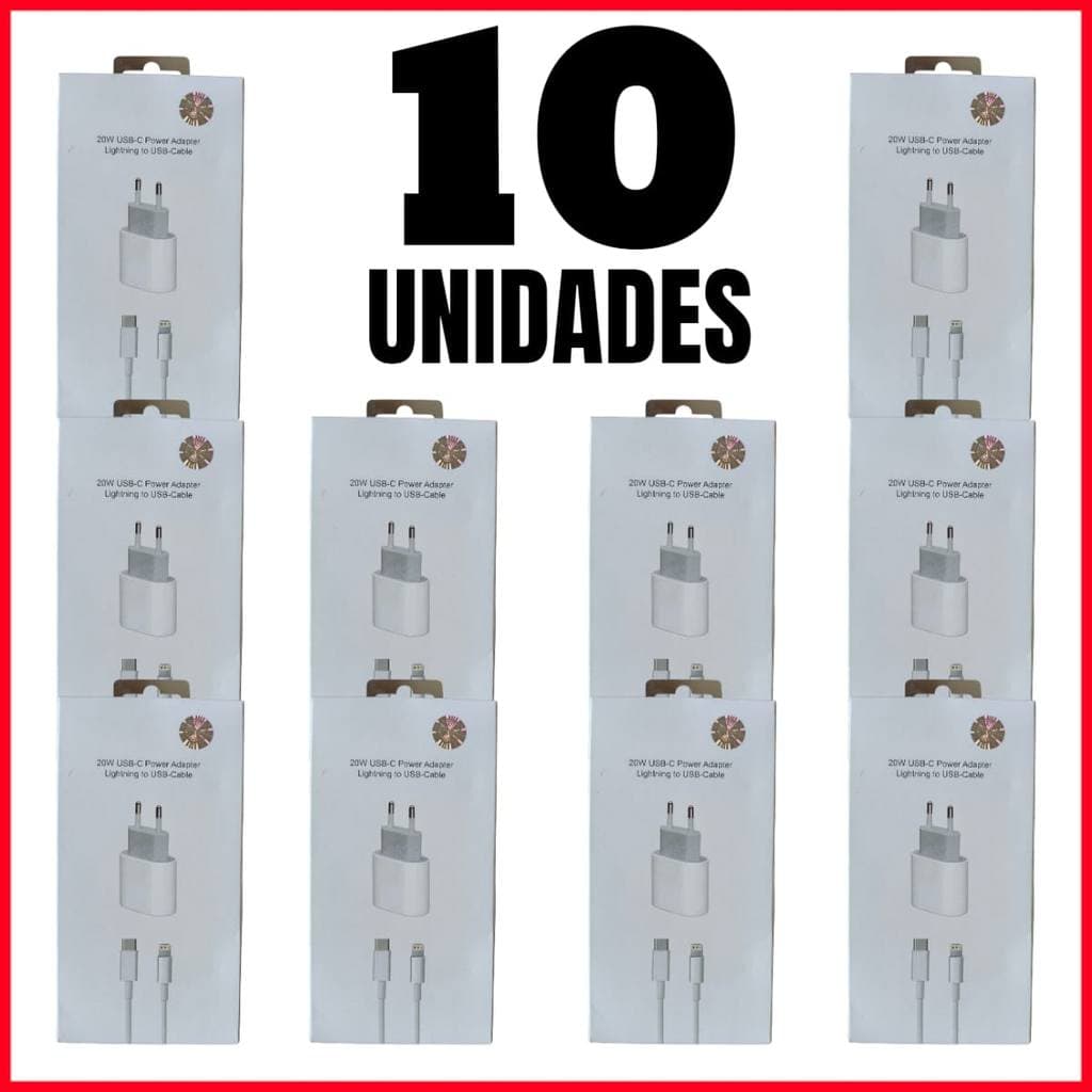Kit 10 pcs Carregador iPhone Turbo 20W Fonte + Cabo USB-C Lightning Rápido