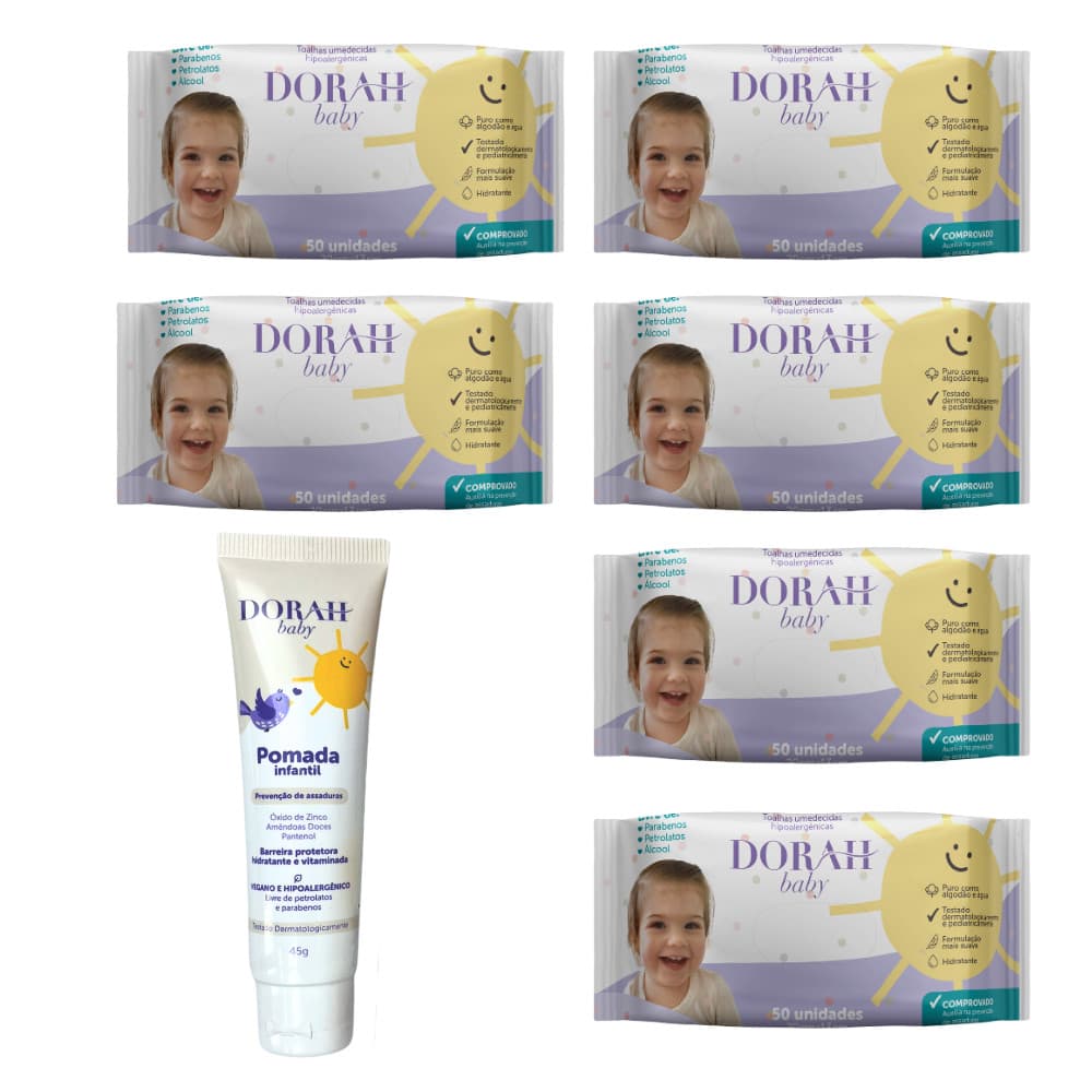 6x Toalhas Umedecidas Hipoalergênicas SEM Álcool - 50 Folhas + 1 Pomada 45g - Dorah Baby