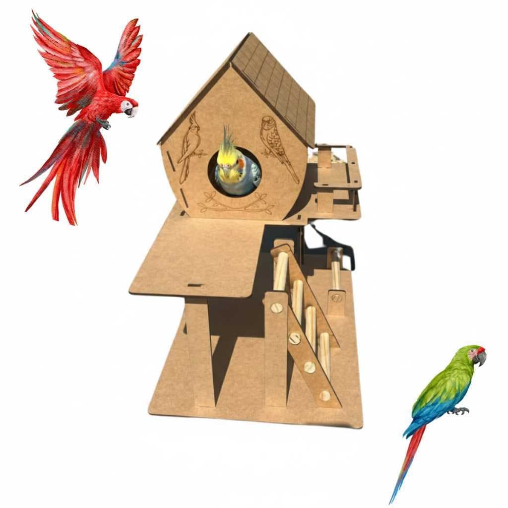Mansão Playground p/ Calopsita em MDF Cru Ideal para Personalizar Toca Cabana Ninho e Abrigo p/ Pássaros e Periquitos